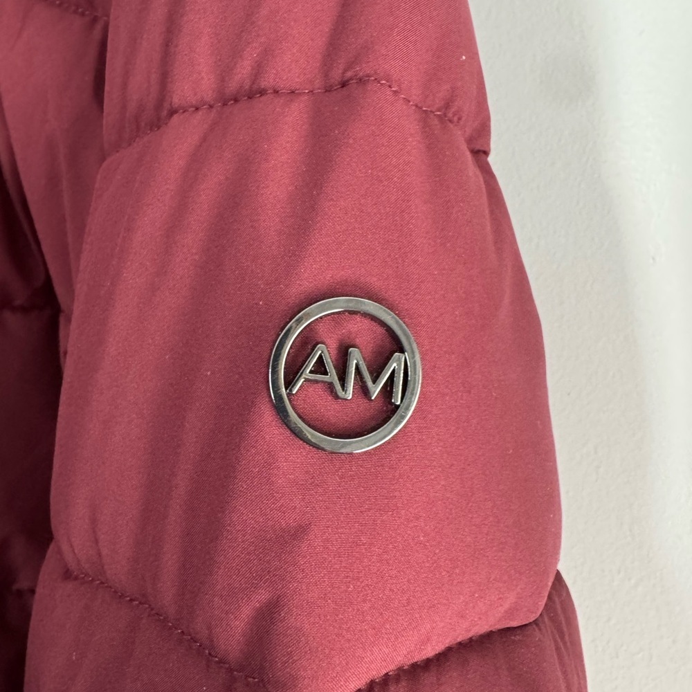 Andrew Marc Stretch Puffer Coat Women’s Large Burgundy Hooded Long Winter Jacket - Picture 5 of 7